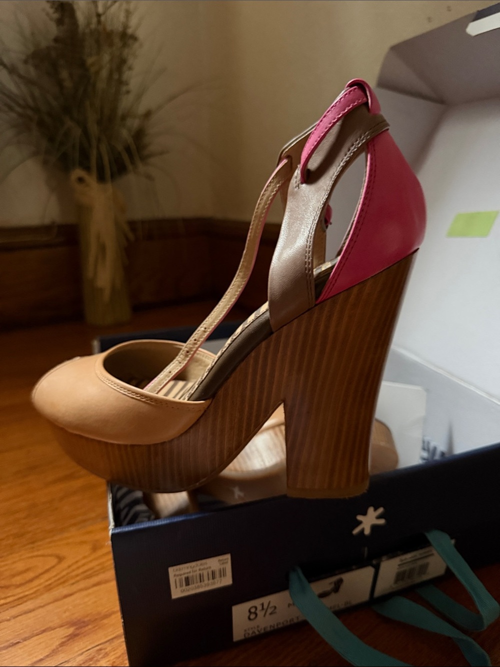 Two-Tone Pink & Tan Platform Heel with Ankle Strap